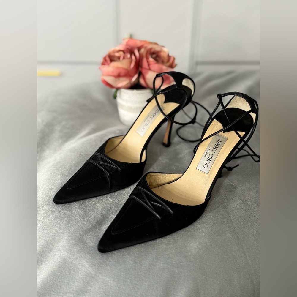 Jimmy Choo Satin Fabric Lace-Up Pointed Toe Shoes - Picture 6 of 13